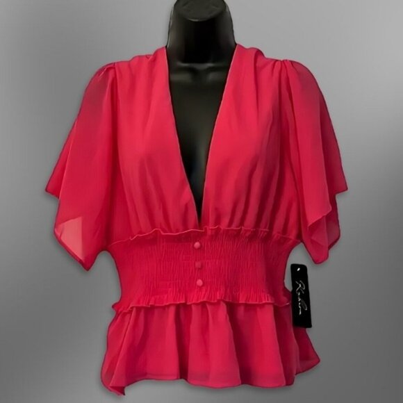 Kaleina Blouse Flowing Flutter Short Sleeves Deep V-Neckline Pink Women's L NWT - Picture 1 of 5